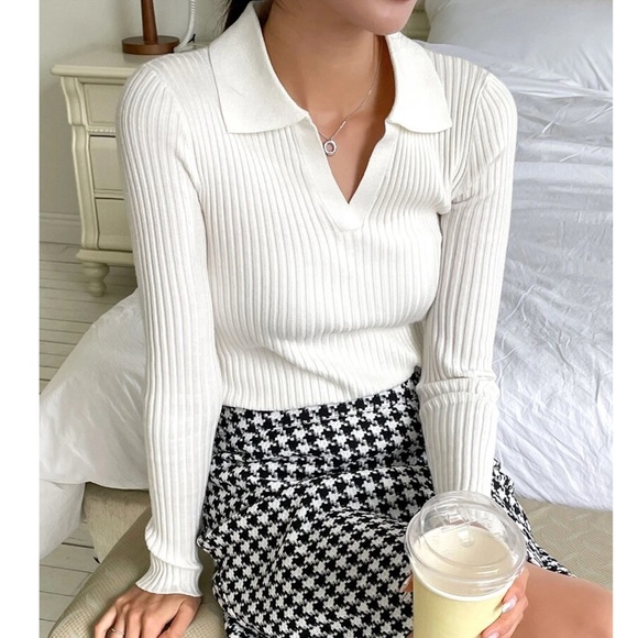Rouge! Sweaters - White Rib Knit Polo Long Sleeve Sweater Shirt